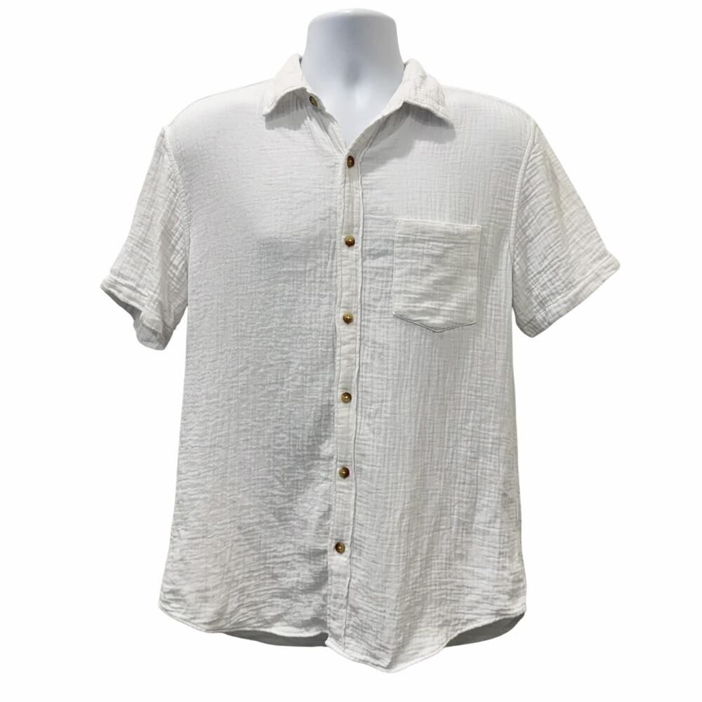 J.CREW Shirt Mens Medium White Textured Gauze Short Sleeve Button Up Casual